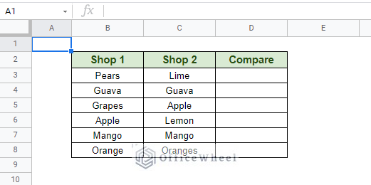 dataset for compare two columns in google sheets