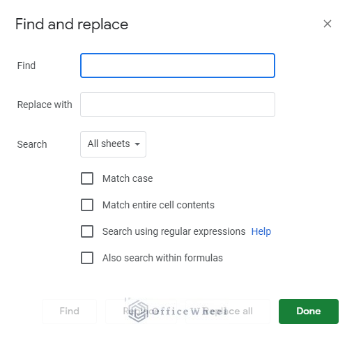 the find and replace window in google sheets