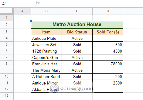 Example table to Change Row Color Based on Cell Value in Google Sheets 