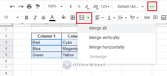 navigating to Merge cells - how to merge columns in google sheets