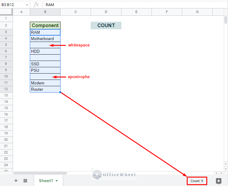 count non empty cells in google sheets from the taskbar