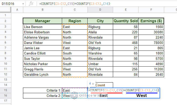 countif multiple criteria in google sheets OR type addition