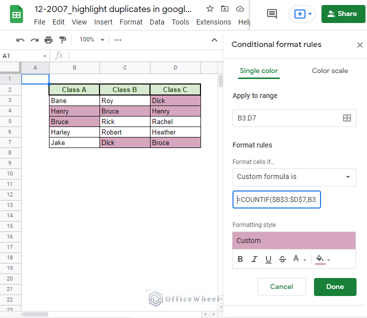 applying custom formula to highlight duplicates in multiple columns in google sheets