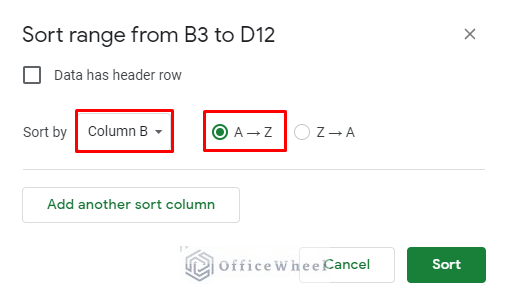 selecting conditions in the sort range window