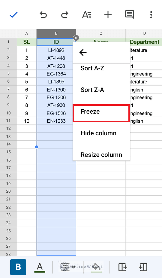 navigating to the freeze option in google sheets