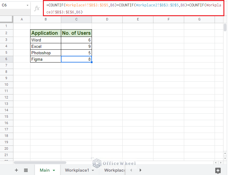 countif across multiple sheets google sheets with OR logic 