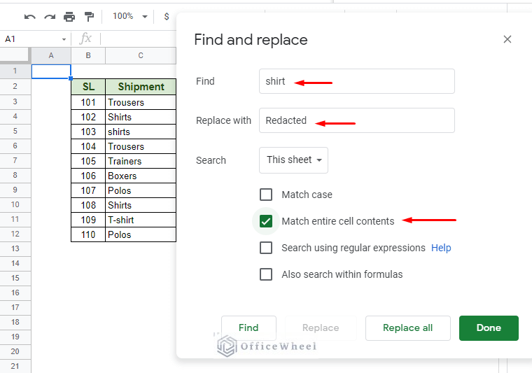 find and replace conditions for match entire cell contents