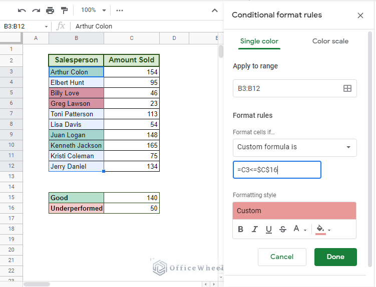Conditional Formatting Based on Another Cell in Google Sheets