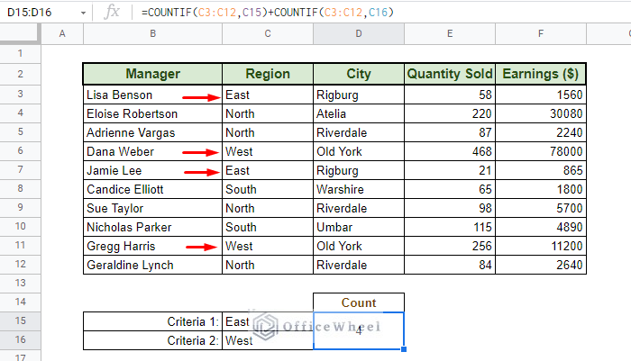 COUNTIF Multiple Criteria in Google Sheets (3 Ways) - OfficeWheel