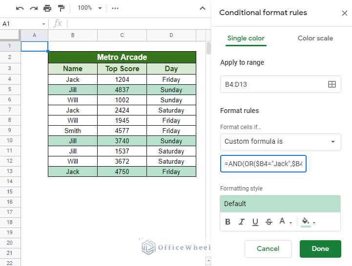 combining AND and OR functions for custom formula in conditional formatting