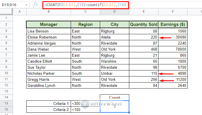 countif multiple criteria in google sheets OR type subtraction