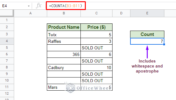 COUNTA function counts all cells with values in Google Sheets