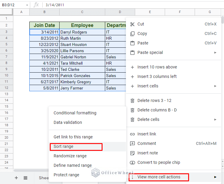 navigating to sort range via right-click options menu