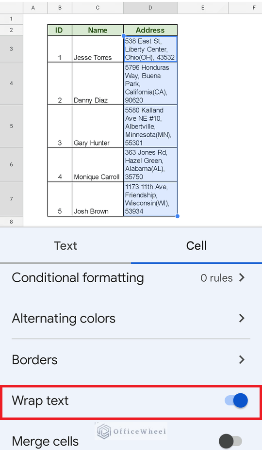 Activating the Wrap Text option in a mobile device