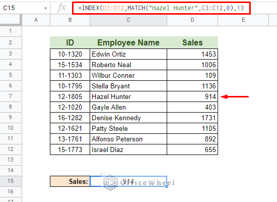 using index match in google sheets