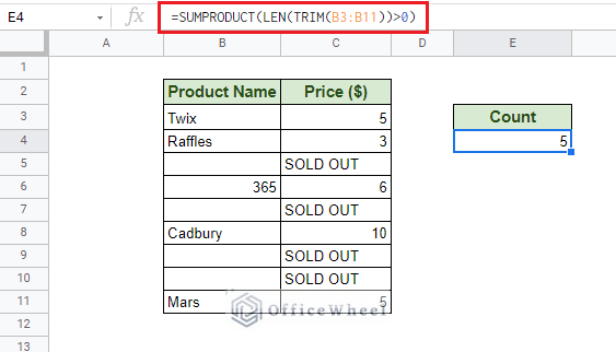 SUMPRODUCT alternative to count non-blank cells in Google Sheets
