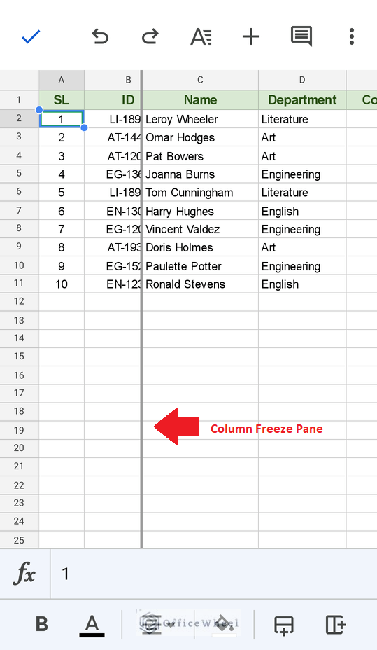 frozen column in googles sheets in mobile device