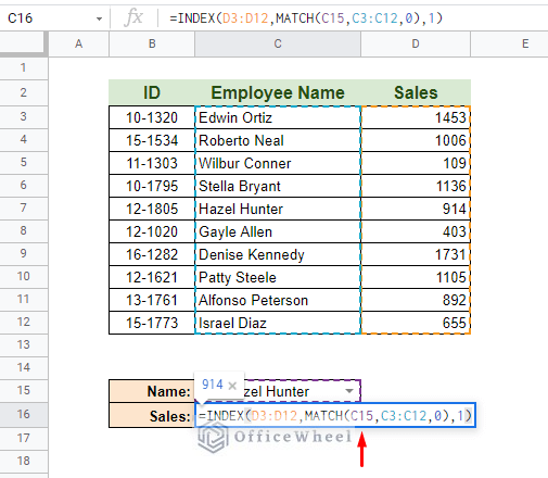 index match in google sheets with cell reference