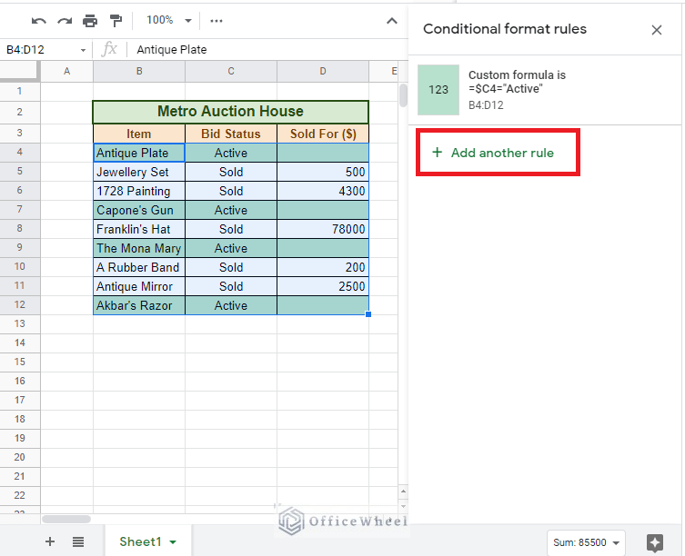 adding a second rule to Change Row Color Based on Cell Value in Google Sheets 