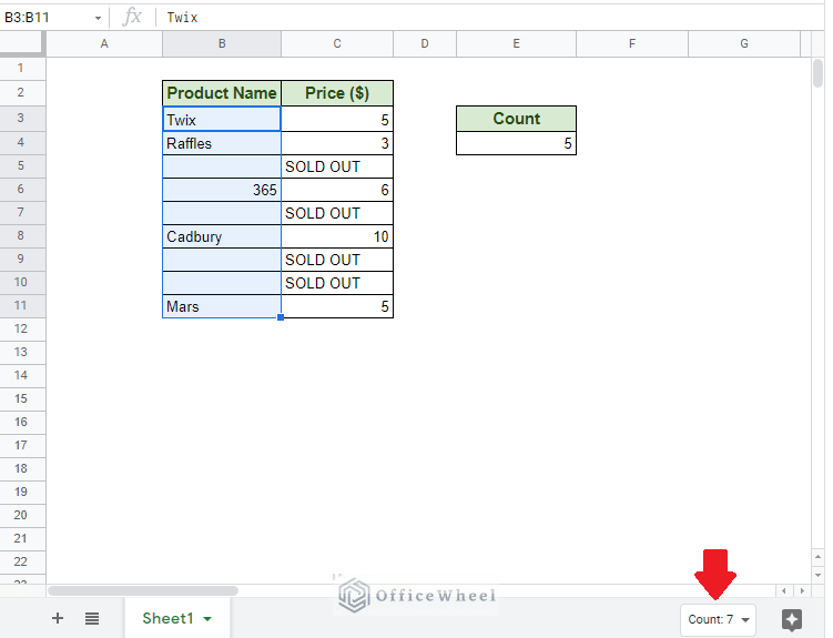 built-in panel to count non-blank cells in Google Sheets
