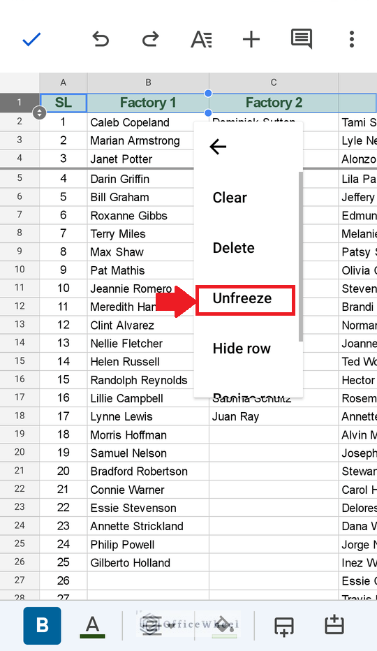 unfreezing rows from mobile google sheets