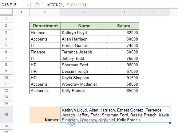 Merge rows in Google Sheets with JOIN function