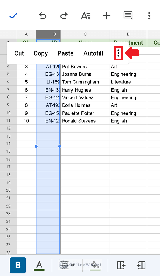 opening the column options menu