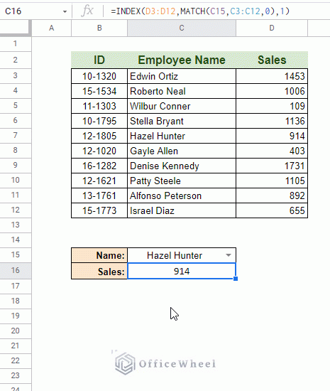 index match in google sheets with drop-down options animated