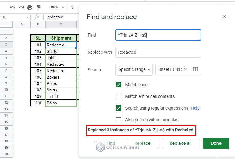 Result of find and replace in google sheets using regular expressions