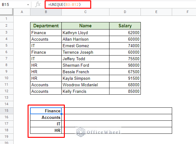 Applying UNIQUE function in Google Sheets