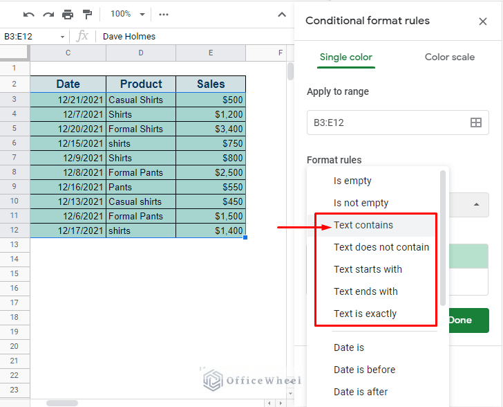selecting the Text contains option for conditional formatting
