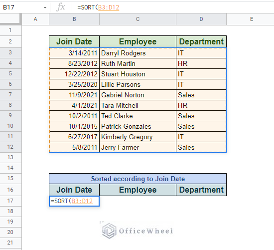 range of data selected