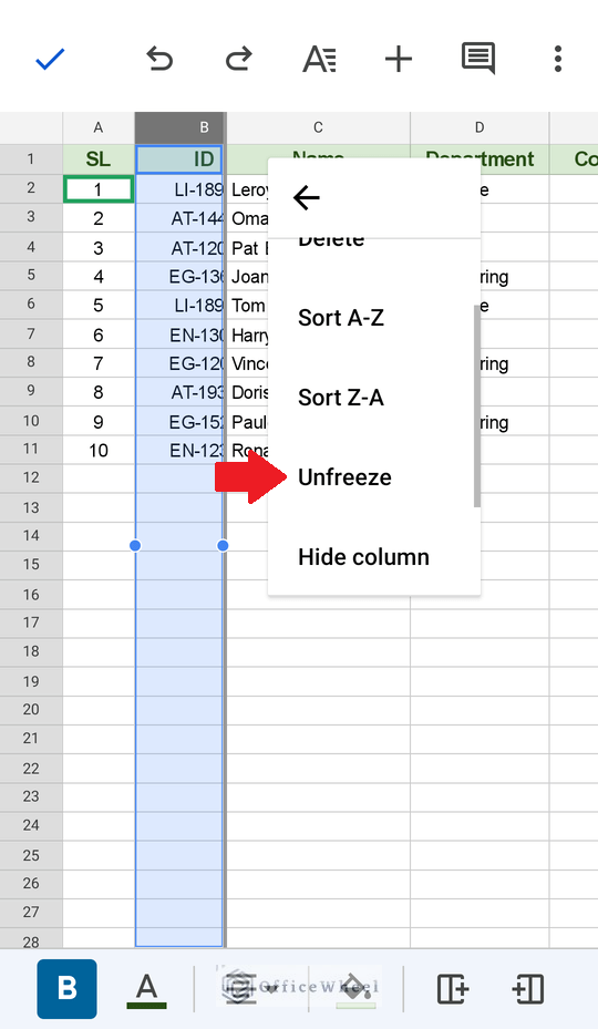 unfreeze columns in google sheets in mobile device