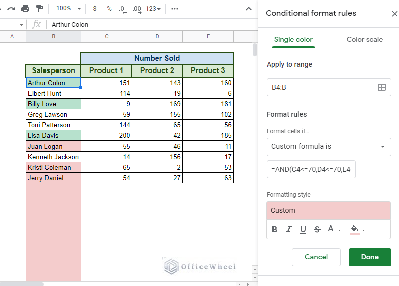 using AND logic for conditional formatting based on another cell in google sheets