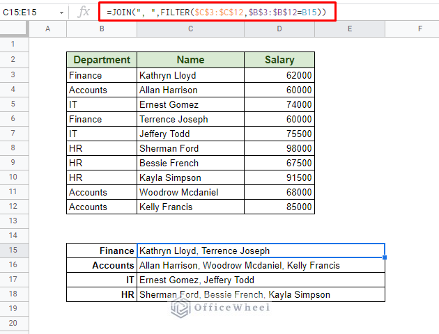 Applying UNIQUE, JOIN, and FILTER functions to merge rows