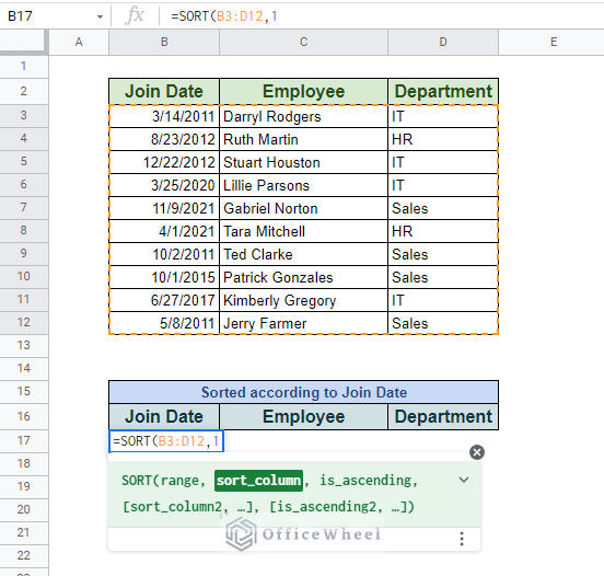 selecting column to sort by date in google spreadsheet