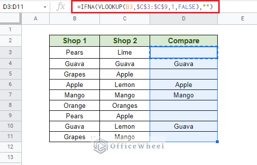using VLOOKUP function to compare two columns in google sheets