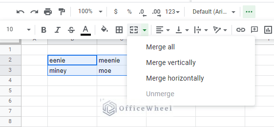all merge options are available in from the toolbar