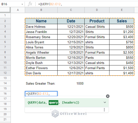 inputting range in the QUERY function