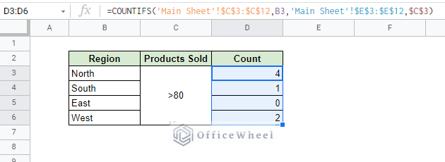 Using COUNTIFS for countif from another sheet google sheets