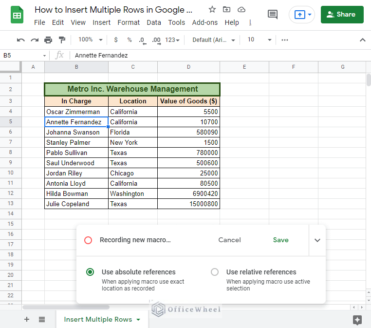 Recording macro in Google Sheets