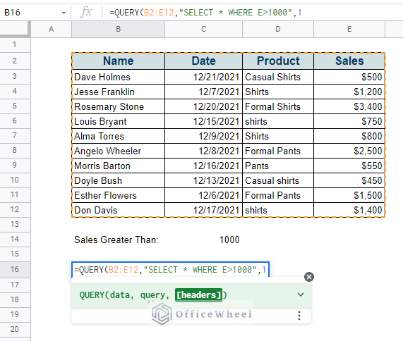 inputting the search query in the QUERY function