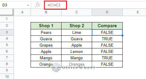 boolean to compare two columns in google sheets