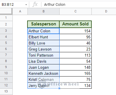 selecting names for conditional formatting based on another cell in Google Sheets