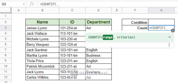 starting COUNTIF function for countif contains text in google sheets