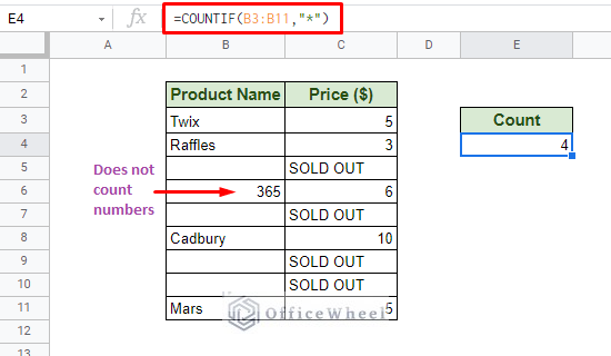 number not counted with base COUNTIF formula