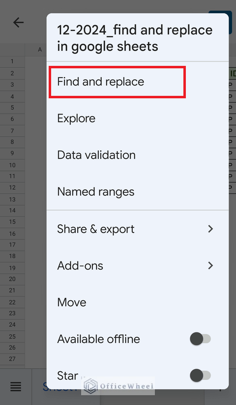 find and replace option in google sheets from a mobile device