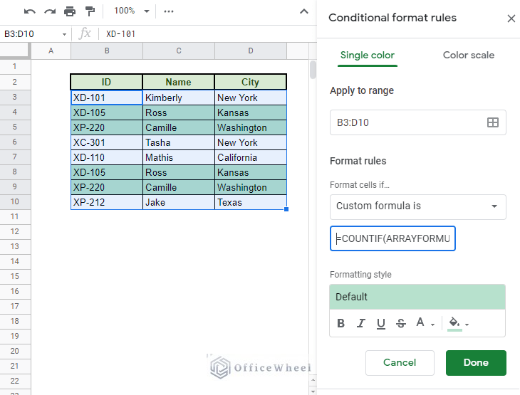 adding the complex custom formula to highlight duplicate rows in google sheets