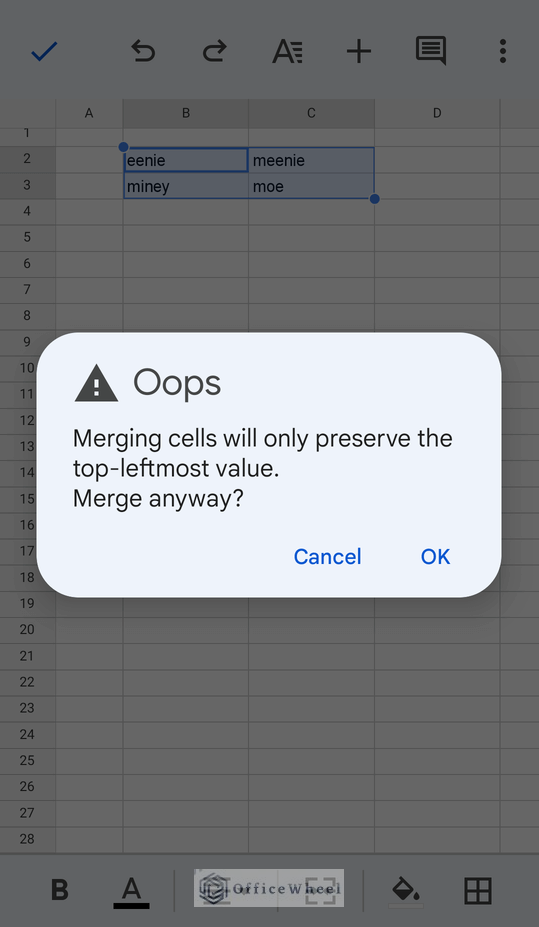 merge cells warning on a mobile device