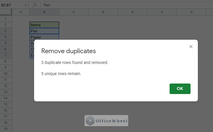 duplicates removed pop-up dialog box